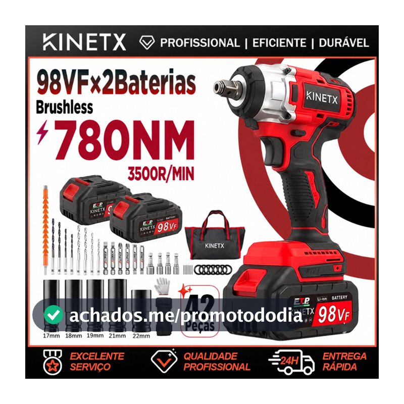 Chave de Impacto Parafusadeira Furadeira 98Vf 2 Baterias 780NM 42 Peças Elétrica Sem Fio Motor Brushless