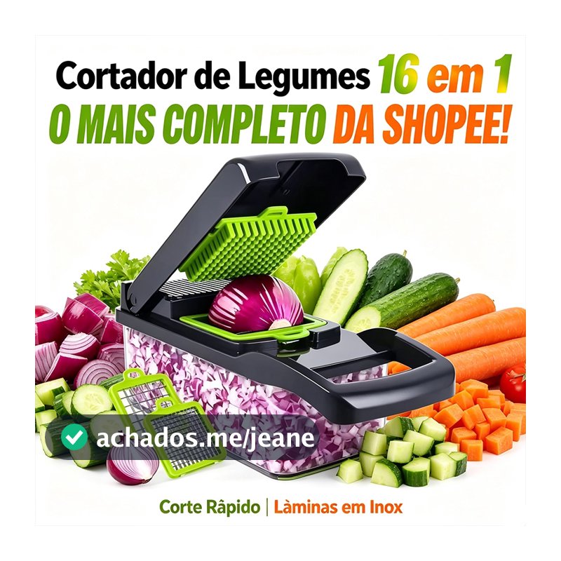 Cortador Manual de Legumes Multifuncional 16 em 1 com Lâminas em Inox e Recipiente para Cebola, Cenoura, Pepino e Batata