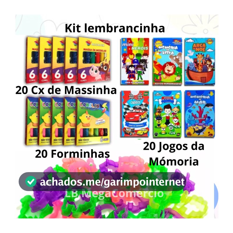 Kit 20 Caixinhas de Massinha 65gr+20 Forminhas+20 Jogos da Memória Sortidos Brinquedo Infantil Festa Lembrancinha