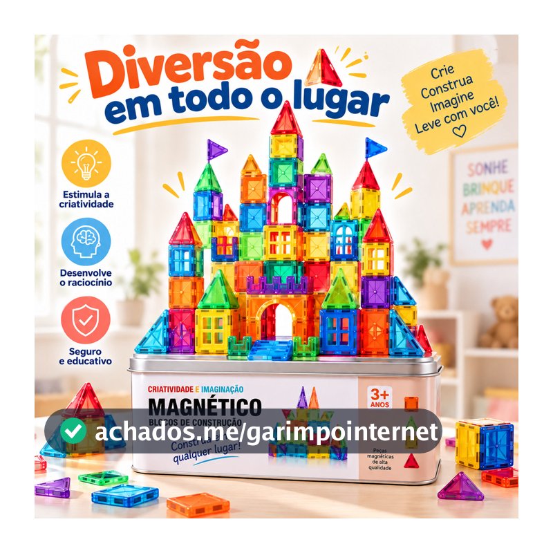 Blocos Magnético Construção c/ Imã Estojo Metal Educativo Bloquinho de Montar q Grudam 26 pçs/34 pçs