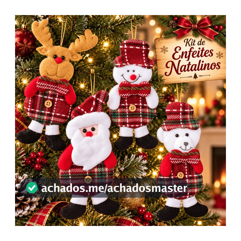 Kit Enfeite de Natal Pelúcia 13cm 12 Peças para Pendurar na Árvore Papai Noel Alce Urso Boneco de Neve