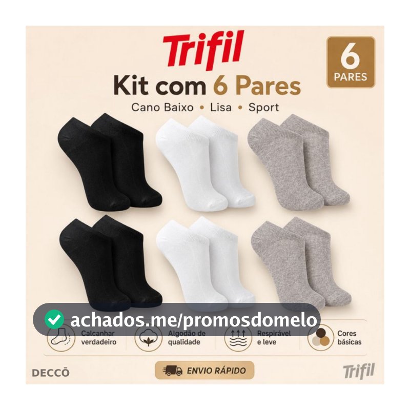 Kit 6 Pares Meia Trifil Cano Curto Esportiva Lisa Moderna Básica Algodão Calcanhar Verdadeiro
