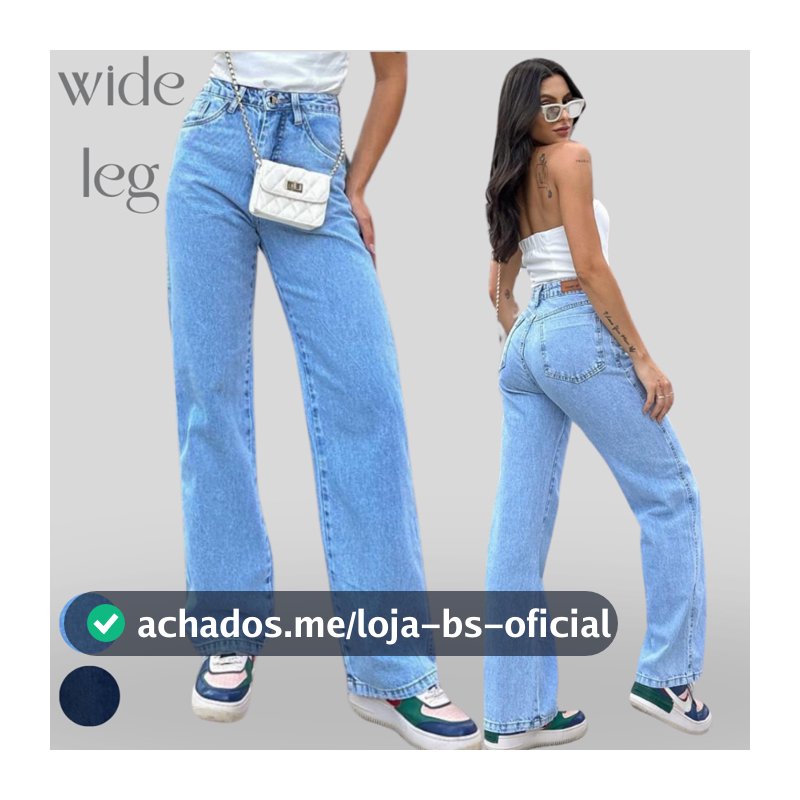 Calça wide leg jeans básica feminina cintura alta tecido 100% algodão look casual para o dia dia
