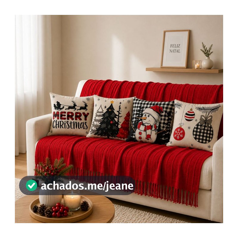 Kit Manta Decorativa 1,40x1,70 + 4 Capas de Almofada Natal 43x43 para Sala e Sofá Decoração Natalina