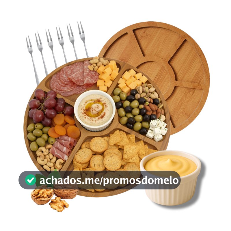 Kit Petisqueira Redonda 6 Garfinhos Ramekim Molheira Gamela Madeira Aperitivo Frios Queijo