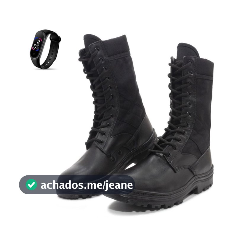 Bota Coturno Masculina Militar Tática De Couro Reforçado Costurado Impermeável Com Zíper Ajustável + Relógio