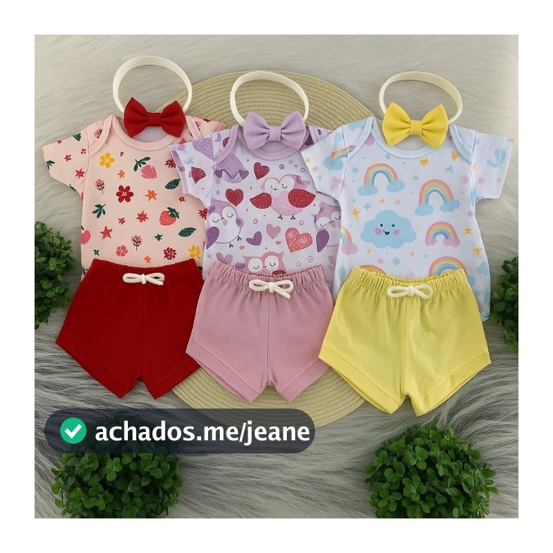 Conjunto Body Temático e Faixa 3 Peças para Bebê - Bory, Shorts e Faixa de Cabelo.