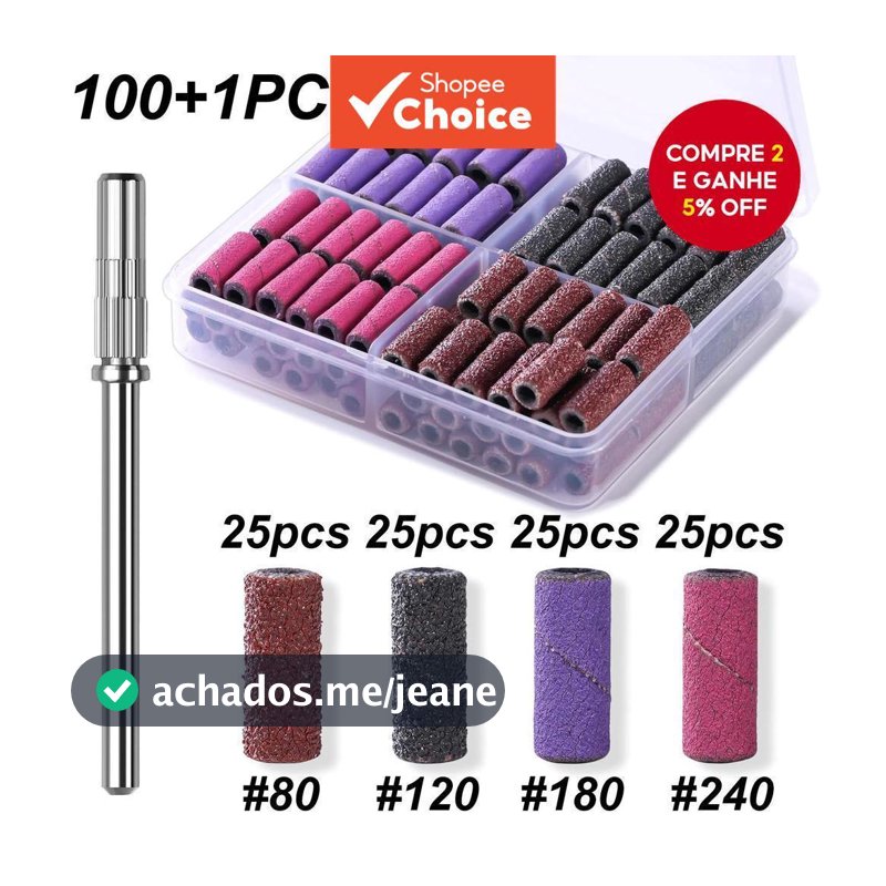 Kit 100 Mini Lixas com 1 Broca Mandril, Acessórios para Manicure e Lixamento de Unhas em Máquinas Elétricas