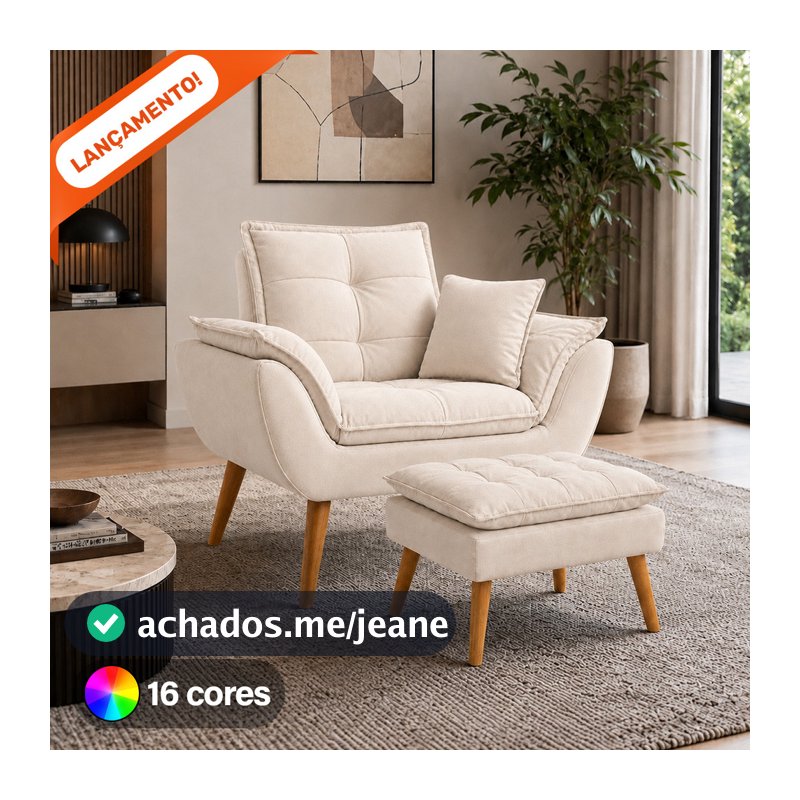 Kit Poltrona Opala Com Almofada Sala Deluxe e Puff Opala Pés Palito Suede Aninha Poltronas