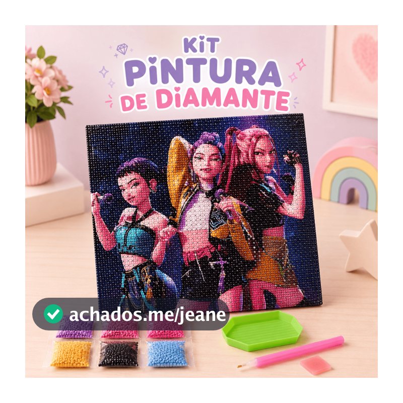 Kit Pintura de Diamante Infantil Quadro Desenho K pop 20x20cm com Caneta Cera Bandeja e Brilhos Coloridos Guerreiras