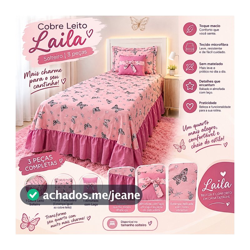 Kit Colcha Cobre Leito Borboleta Estampado solteiro Infantil Feminino Rosa 3 Peças Laila