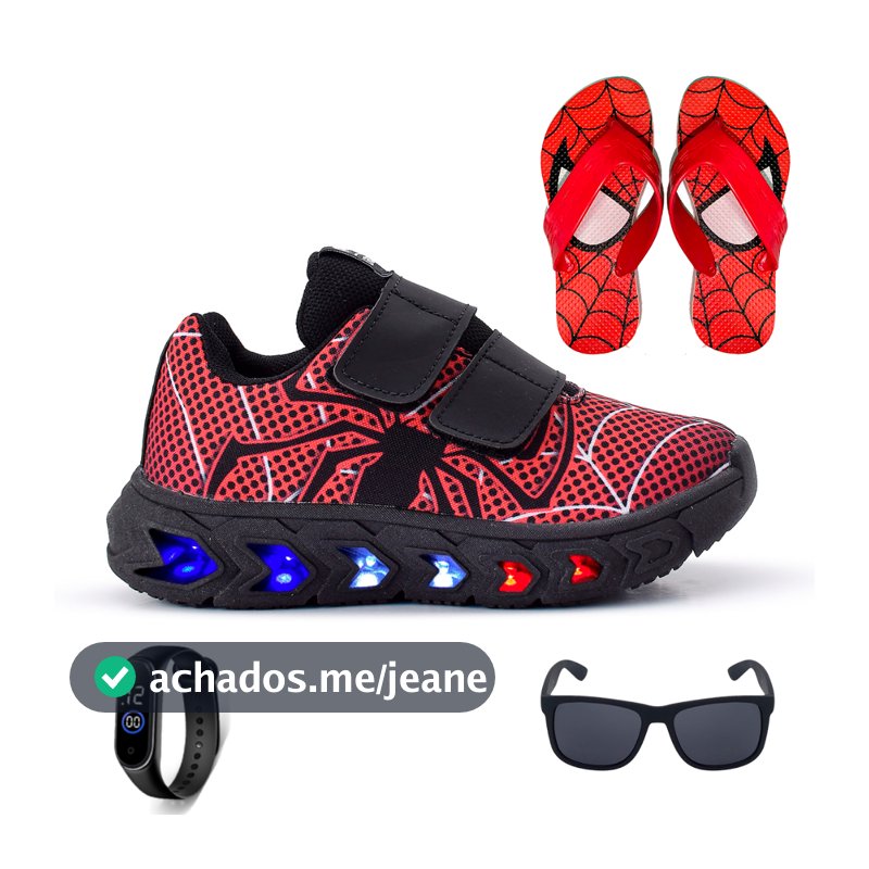 Tenis Masculino De Led Infantil Homem Aranha Super Heroi + Chinelo + Oculos + Relogio