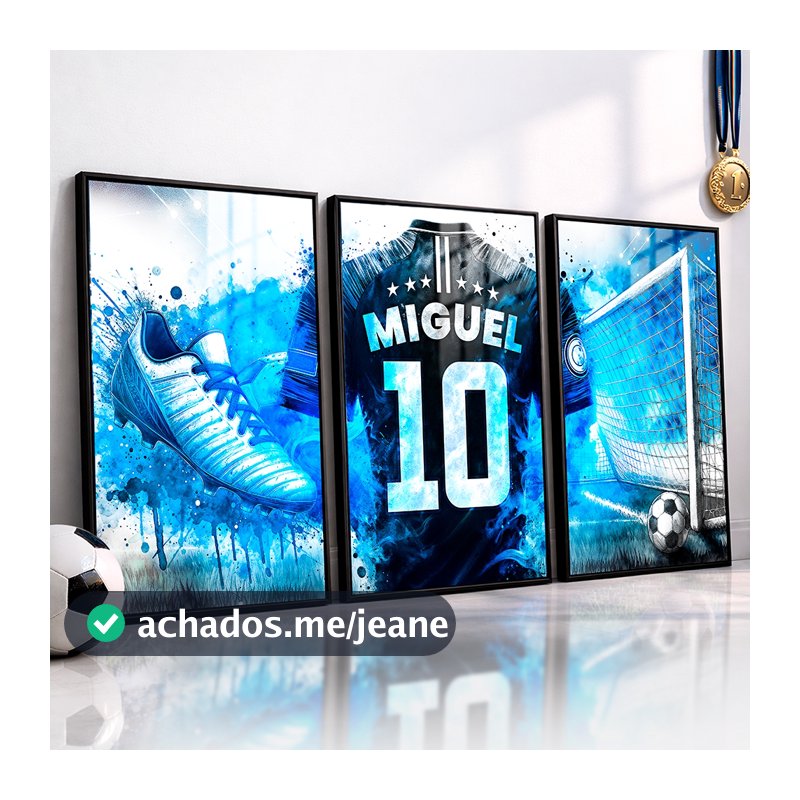 Kit 3 Quadros Futebol Personalizado com Nome Infantil Camisa Chuteira Bola Quarto Decoração Menino