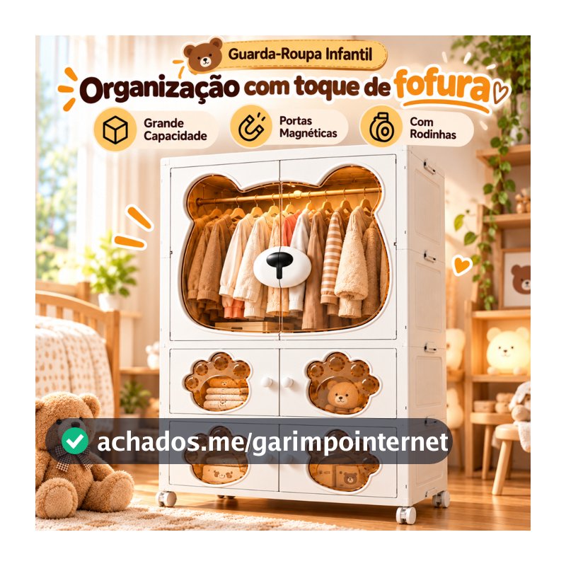 Armário organizador multiuso 80cm Guarda Roupa Infantil Portátil Dobrável Magnético e Rodas de Freio