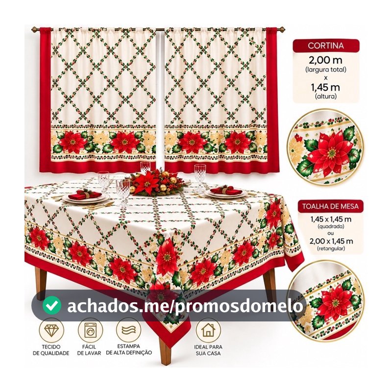 Toalha de Mesa Natal 2,00 metros  + Cortina Natalina Escolha a Estampa