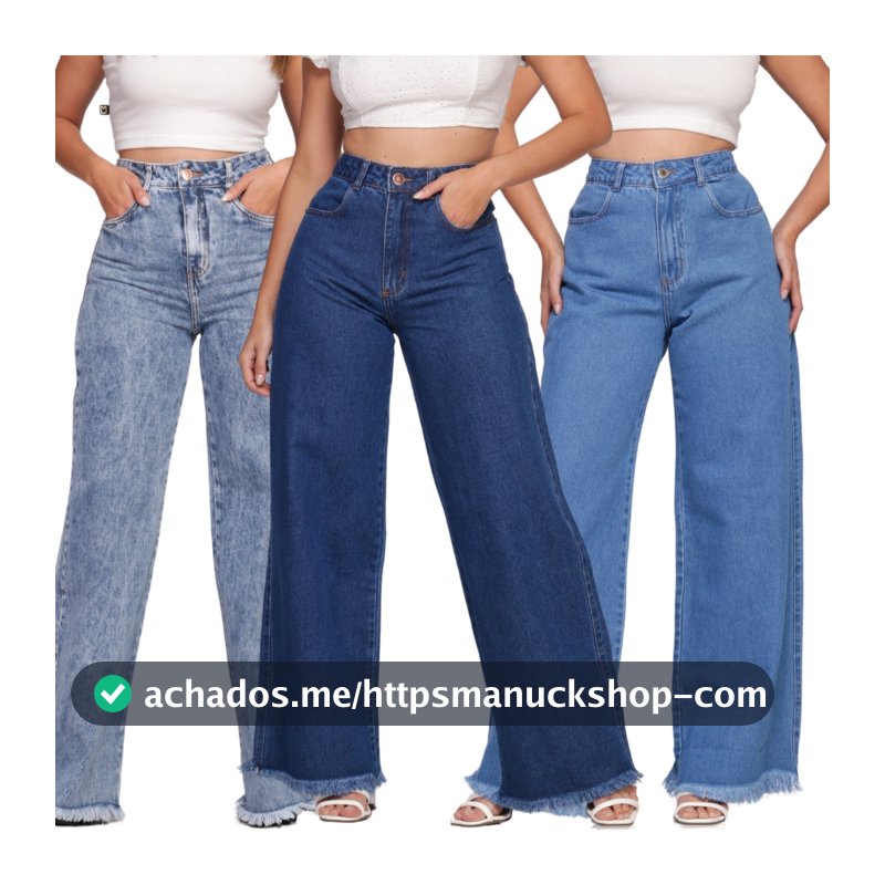 Calça Jeans Feminina Cintura Alta Wide Leg Com Bolso