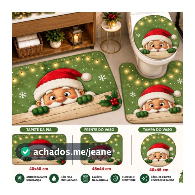 Kit 3 Tapete Banheiro Natal Antiderrapante 40x60 Papai Noel Floral - 3 Peças