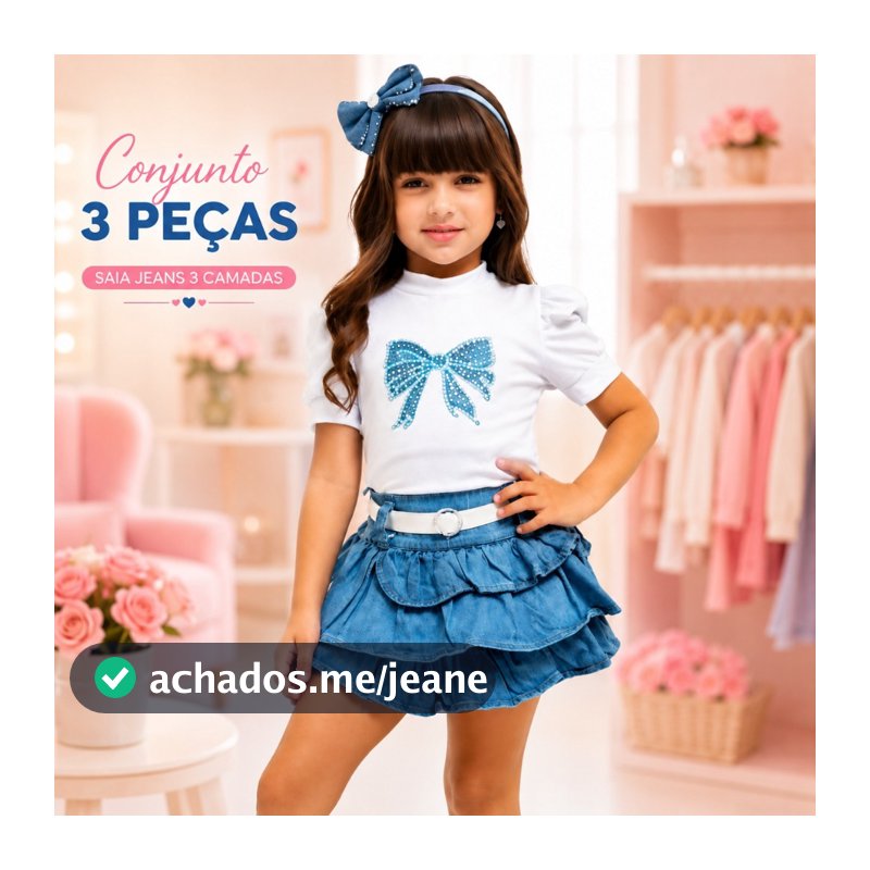 Conjunto Infantil Menina Luxo 3 peças Saia Jeans Blusinha com Bordado e Brilho - ENVIO IMEDIATO