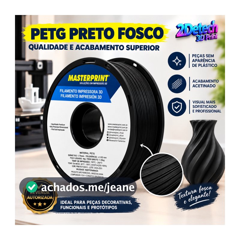Filamento PETG PRETO FOSCO 1kg  1.75mm MasterPrint Premium Alta Resistencia Qualidade Impressão 3D