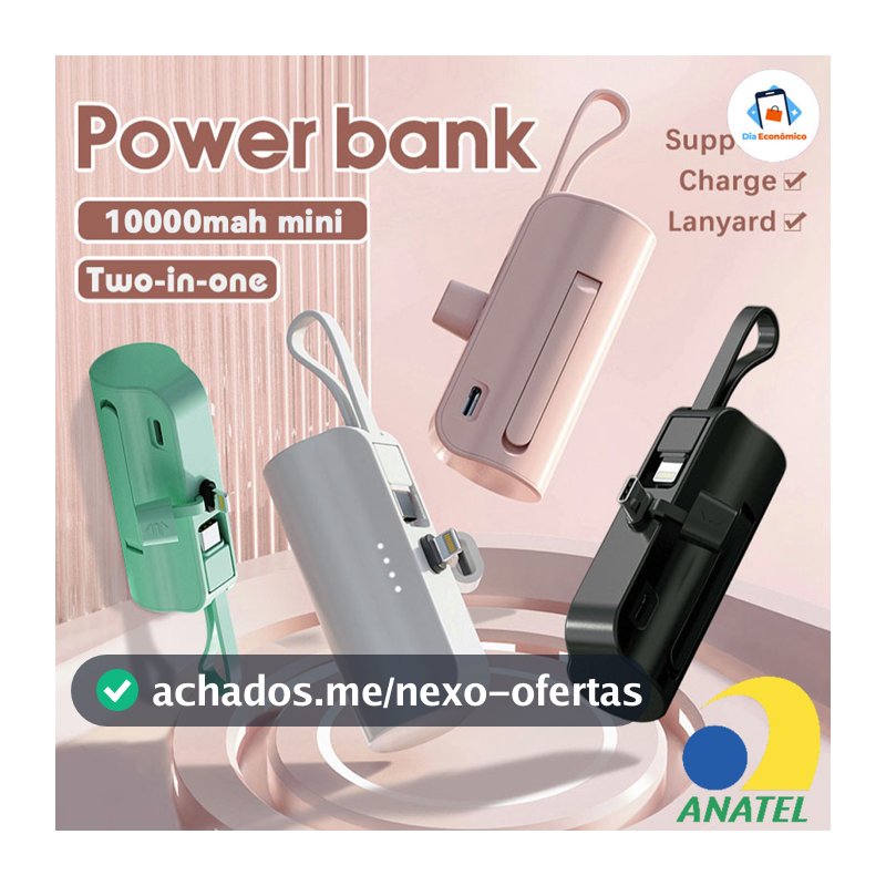 Carregador Portátil Mini 10000mAh com Recarga Sem Fio 2-em-1 para iPhone e Tipo-C