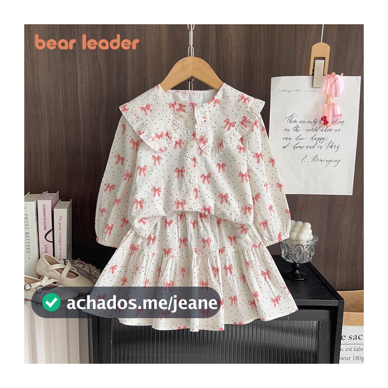 Bear Leader Versão Coreana Arco Polka Dot Impresso Lapela Camiseta Tops E Saia Plissada Conjunto De Duas Peças Primavera
