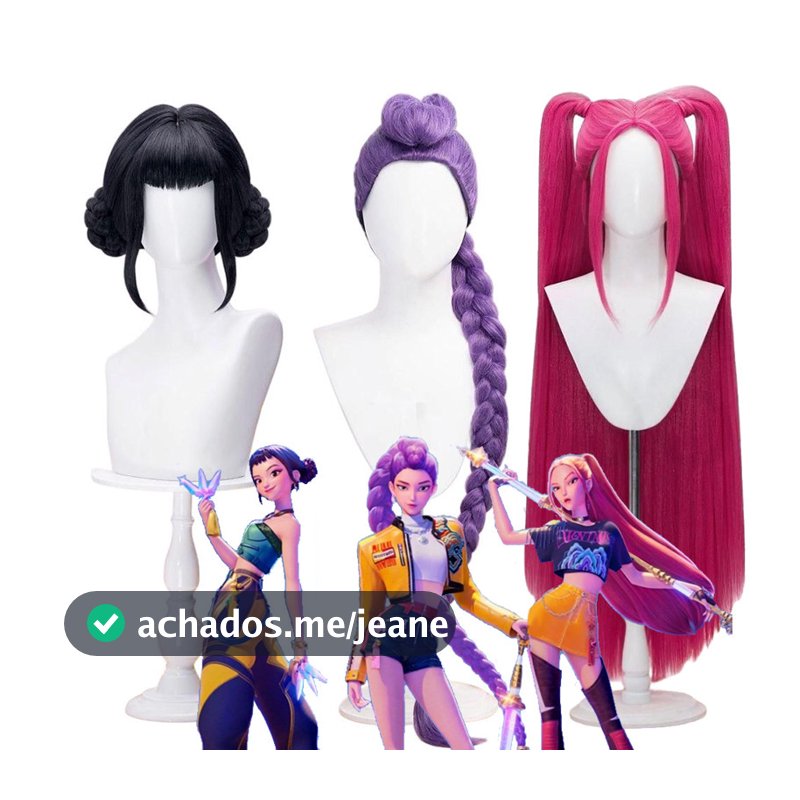 Peruca Guerreiras do Kpop Cosplay Peruca Mira Rumi Zoe Caçadores Roxo Preto Vermelho Cabelo Longo