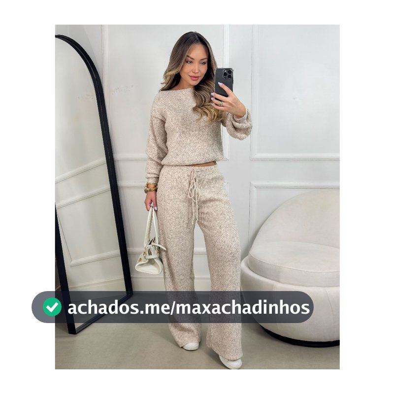 Conjunto Canelado de Tricot Mousse Calça Pantalona Cordão Ajustável+Blusa Manga Bufante Inverno