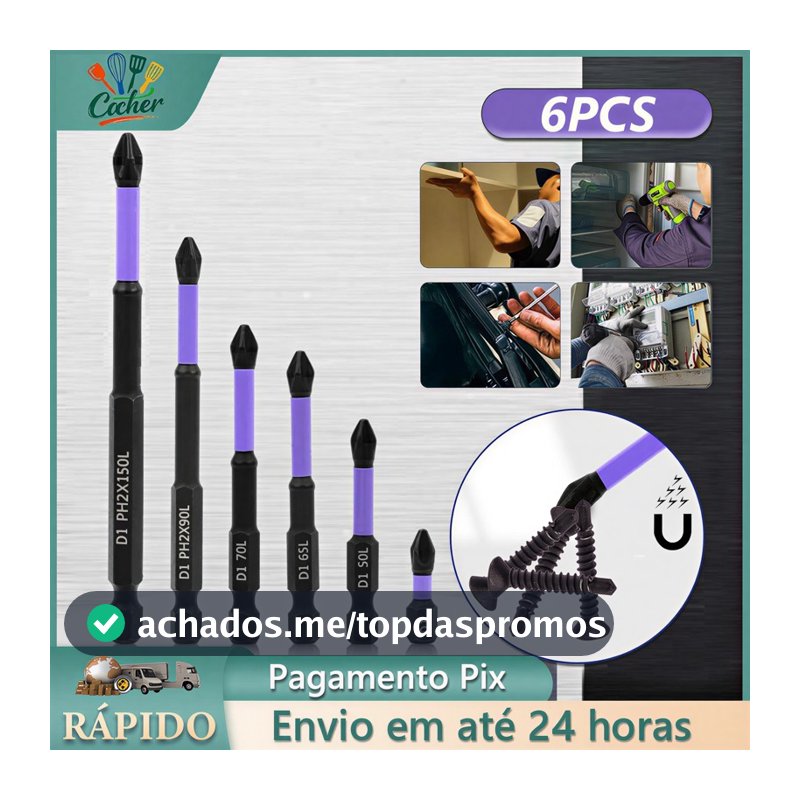 Jogo 6 Ponteiras Philips Magnéticos PH2 de Impacto Anti Derrapante Parafusadeira Bits Cruzado