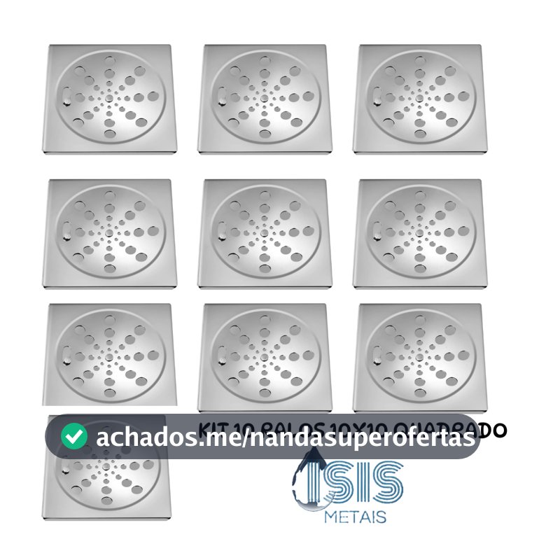Kit com 10 Ralos Completos Quadrado 10x10 cm Cromado – Tampa + Grelha, Encaixe Padrão'