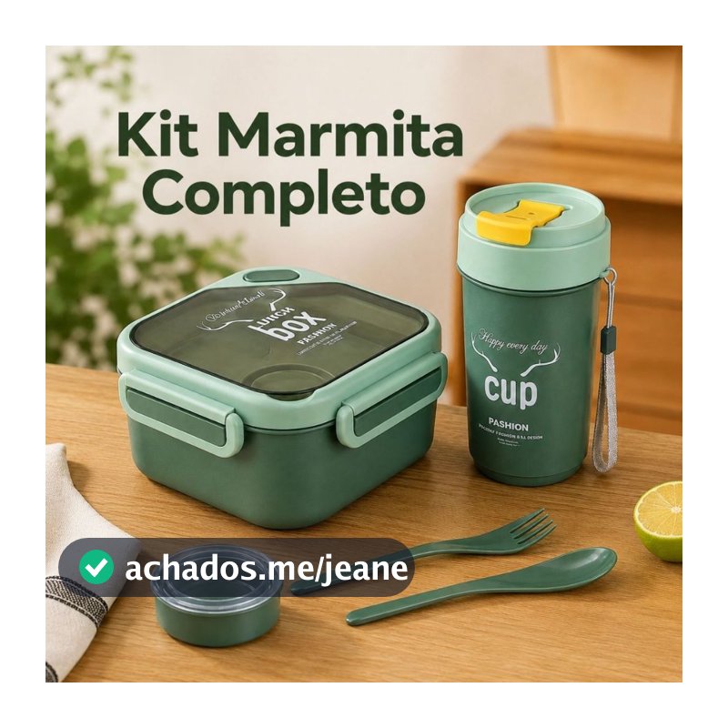 Kit Marmita + Garrafa + Talheres Lancheira Hermético Anti-Vazamento Moderno Trabalho Escola Viagem