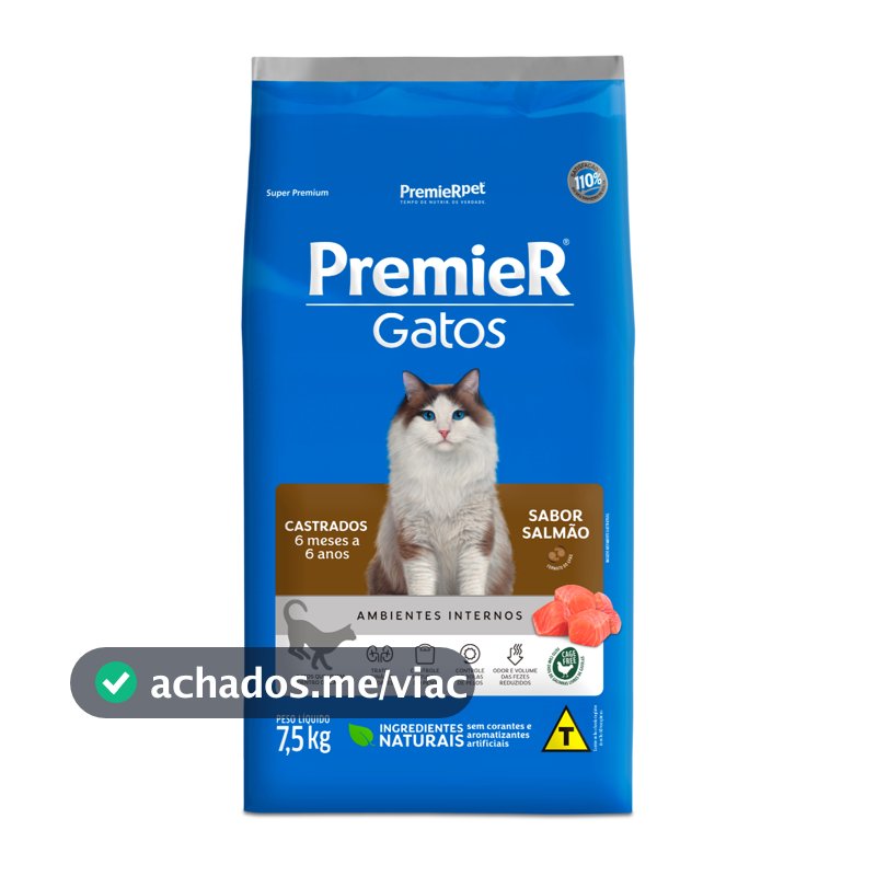 Ração Premier Gatos Castrados de 6 Meses á 6 Anos Salmão 7,5kg
