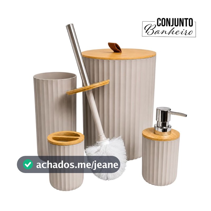 Kit Banheiro Lavabo 4 Peças Lixeira 6,5L PVC Tampa de Bambu Porta Escovas Dispenser Escova Sanitária