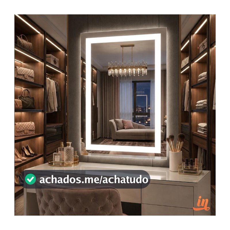 Espelho Retangular Jateado 80x50 cm Com LED | Para Penteadeira Quarto e Banheiro