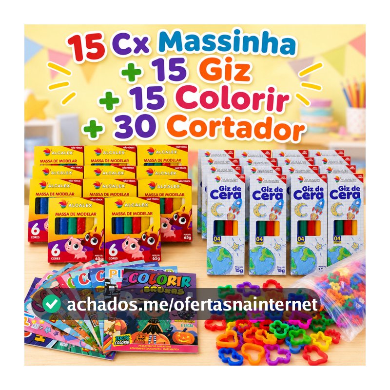 15 Massinha Modelar + 15 Giz de Cera + 15 Colorir + 30 Cortador p/ Kit Festa Lembrancinha Infantil