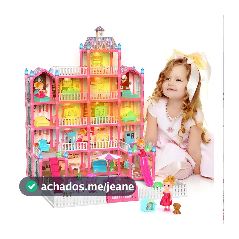 Casa de Boneca Castelo 5 Andares 19 Cômodos com Luz LED, 2 Bonecas, Escorregador, Móveis Completos Brinquedo Educativo