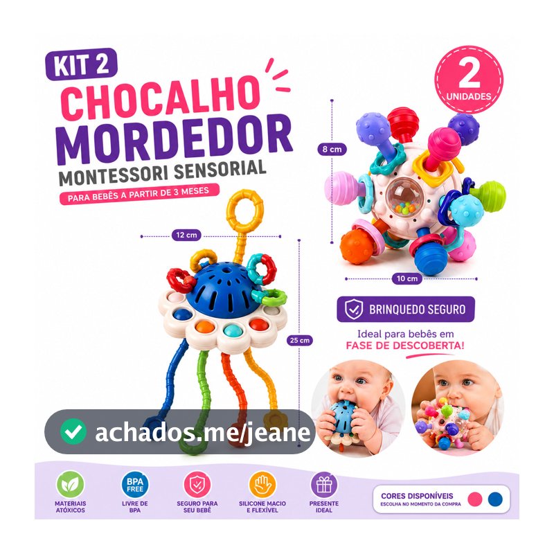 Kit Chocalhos Mordedores Bebê Montessori Sensorial Silicone BPA Free Brinquedo Educativo Coordenação Motora