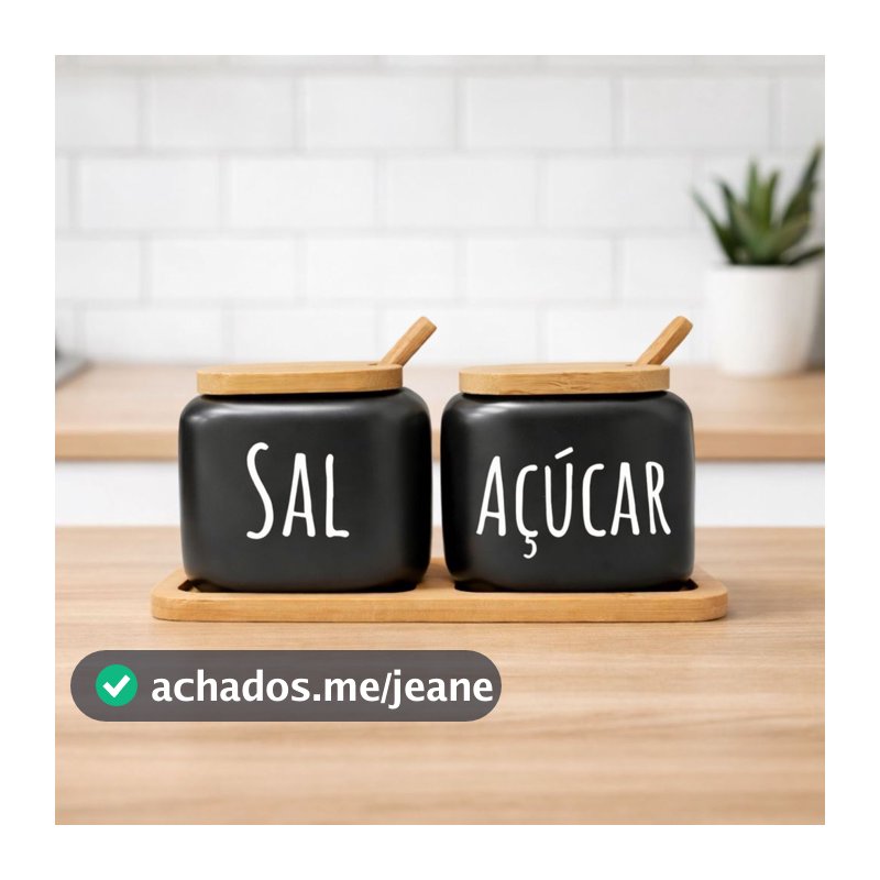 Kit Saleiro e Açucareiro de Cerâmica com Tampa e Colher de Bambu Preto ou Branco
