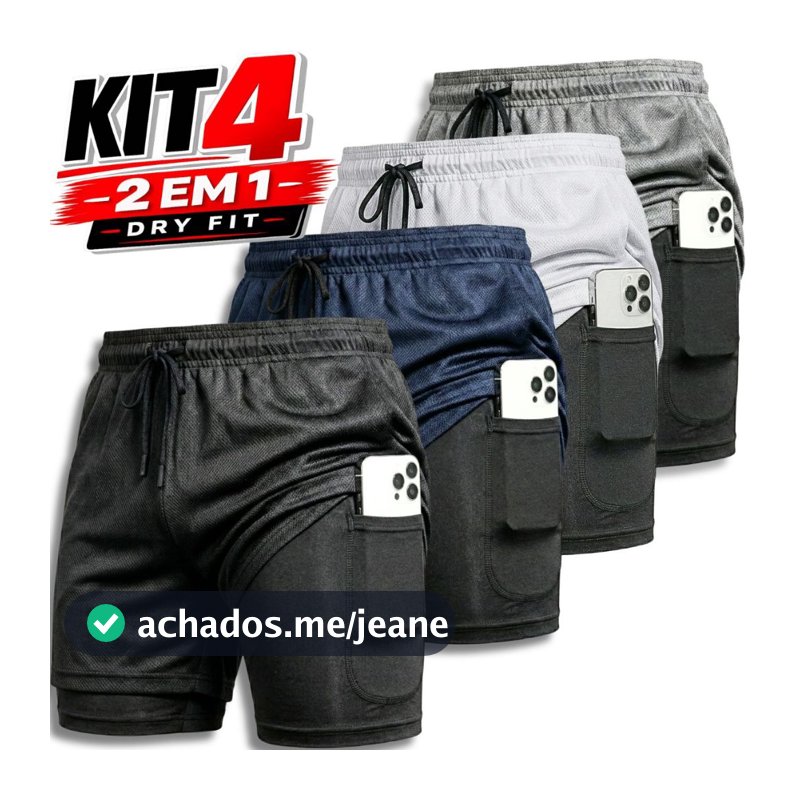 KIT 4 Shorts 2 em 1 Masculino Dry Fit Academia Corrida Fitness Compressão Bolso Celular Musculação