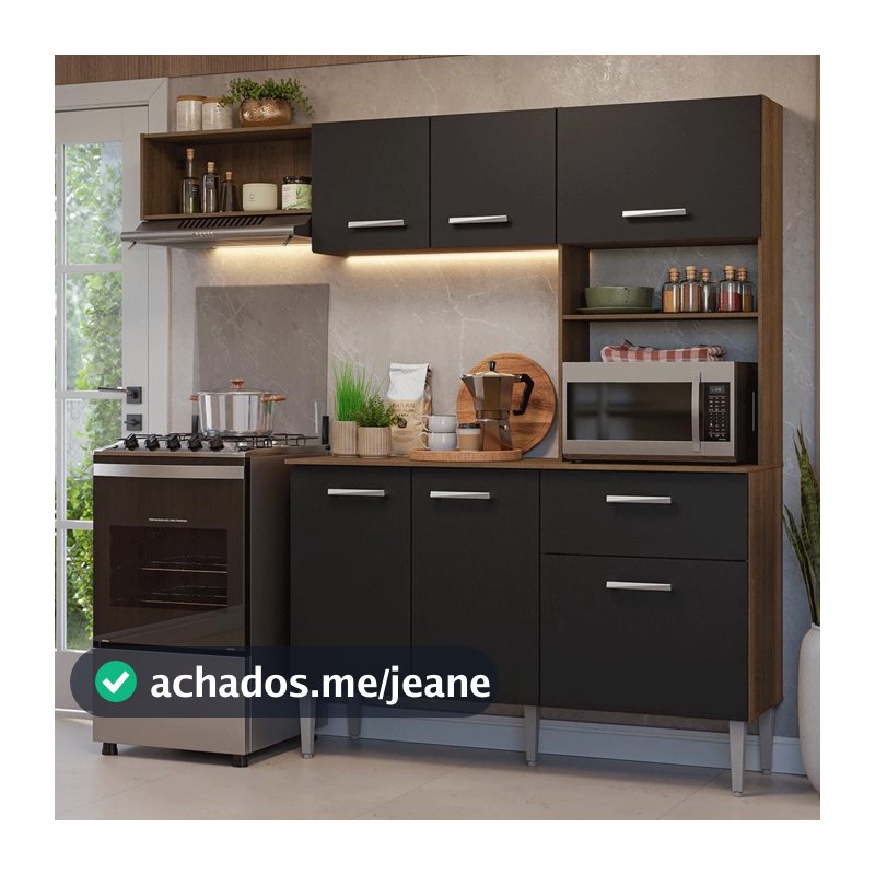 Armário de Cozinha Compacta 196cm Rustic/Preto Aura Madesa