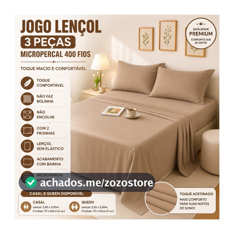 Jogo De Lençol Superior 3PCs Sem Elástico Micropercal 400 Fios Com Bainha Casal Queen Com Fronhas