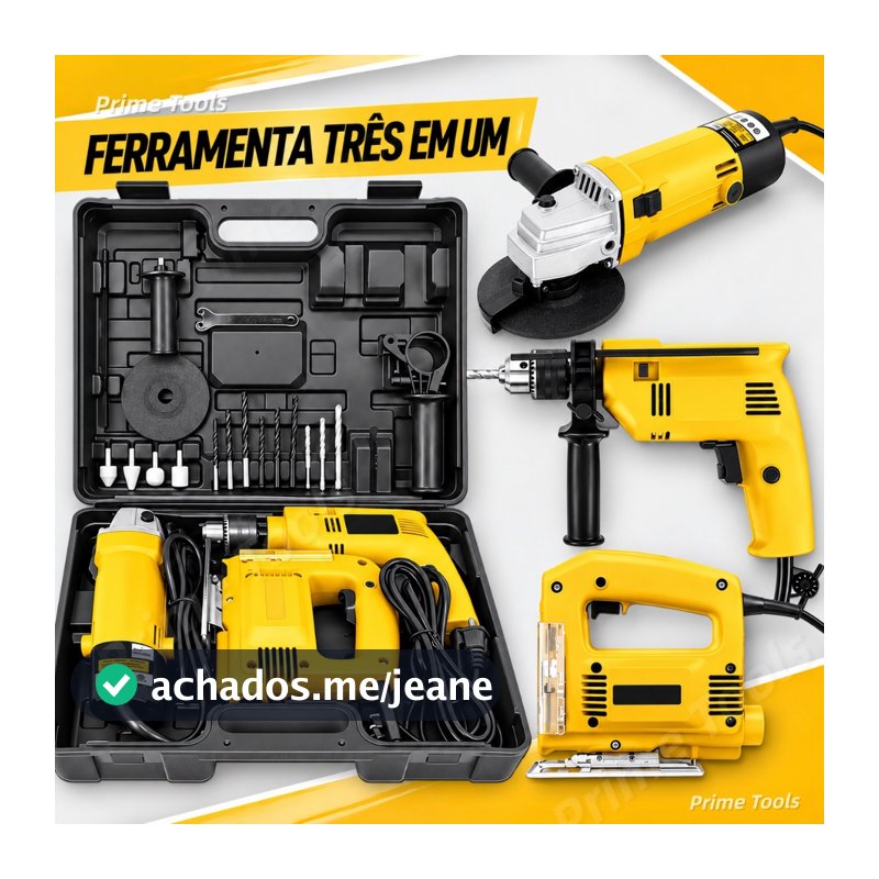 Kit 3 em 1 Furadeira de Impacto 1100W + Esmerilhadeira Angular 1200W + Serra Tico-Tico 950W com Maleta