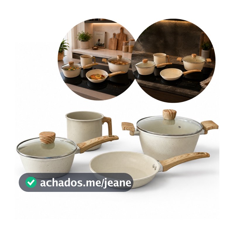Jogo de Panelas 4 peças Ceramica Indução Antiaderente Creme Chique Mesa posta Casa Nova
