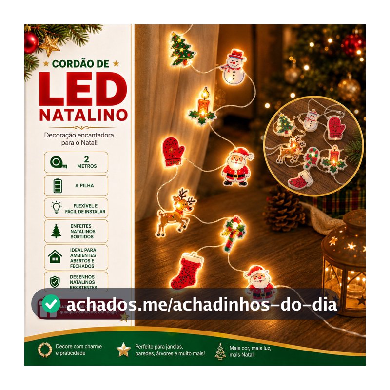 Cordão De Luz De Natal led 2 Metros Desenhos Diversos Luxo Metal com Luzes Natalinas
