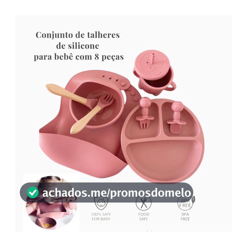 kit 8 Peças Talheres alimentação bebê silicone kit Talheres com Ventosa Canudo Colher Babador Garfo
