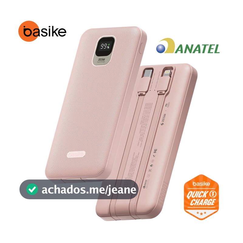 Basike Power bank cabo incluso 20000/10000 mAh portátil Display Digital Compatível com Android e Apple Rosa