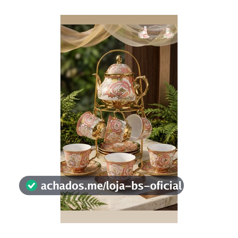 Jogo de Bule com Xicaras - Luxo 13 Peças de Cerâmica com Suporte Dourado