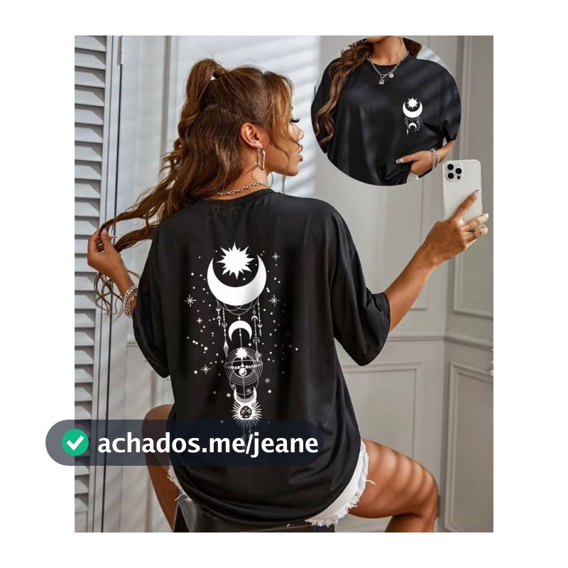 Blusa Feminina Preta Estampada Lua Estrela Vintage  100% Algodão Premium