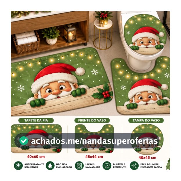 Kit 3 Tapete Banheiro Natal Antiderrapante 40x60 Papai Noel Floral - 3 Peças