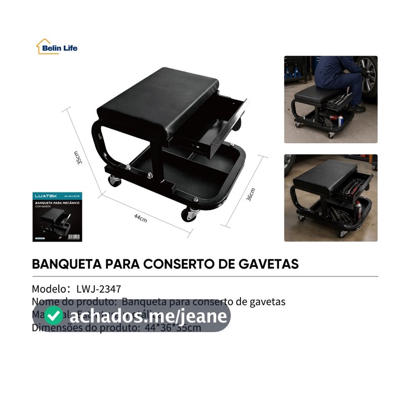 Banqueta Para Mecânico Com Gaveta E Rodízios 360° Assento Estofado Carrinho De Oficina Multiuso