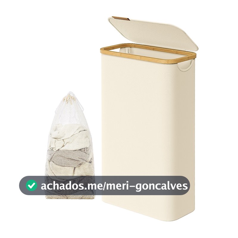 SONGMICS Cesto de roupa suja dobrável, organizador de lavanderia com tampa, alça de bambu, tecido Oxford, banheiro, 65L